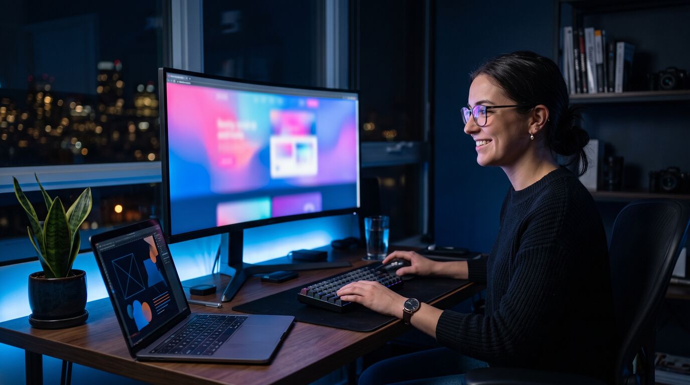 Web designer working on a custom website build in a dark studio