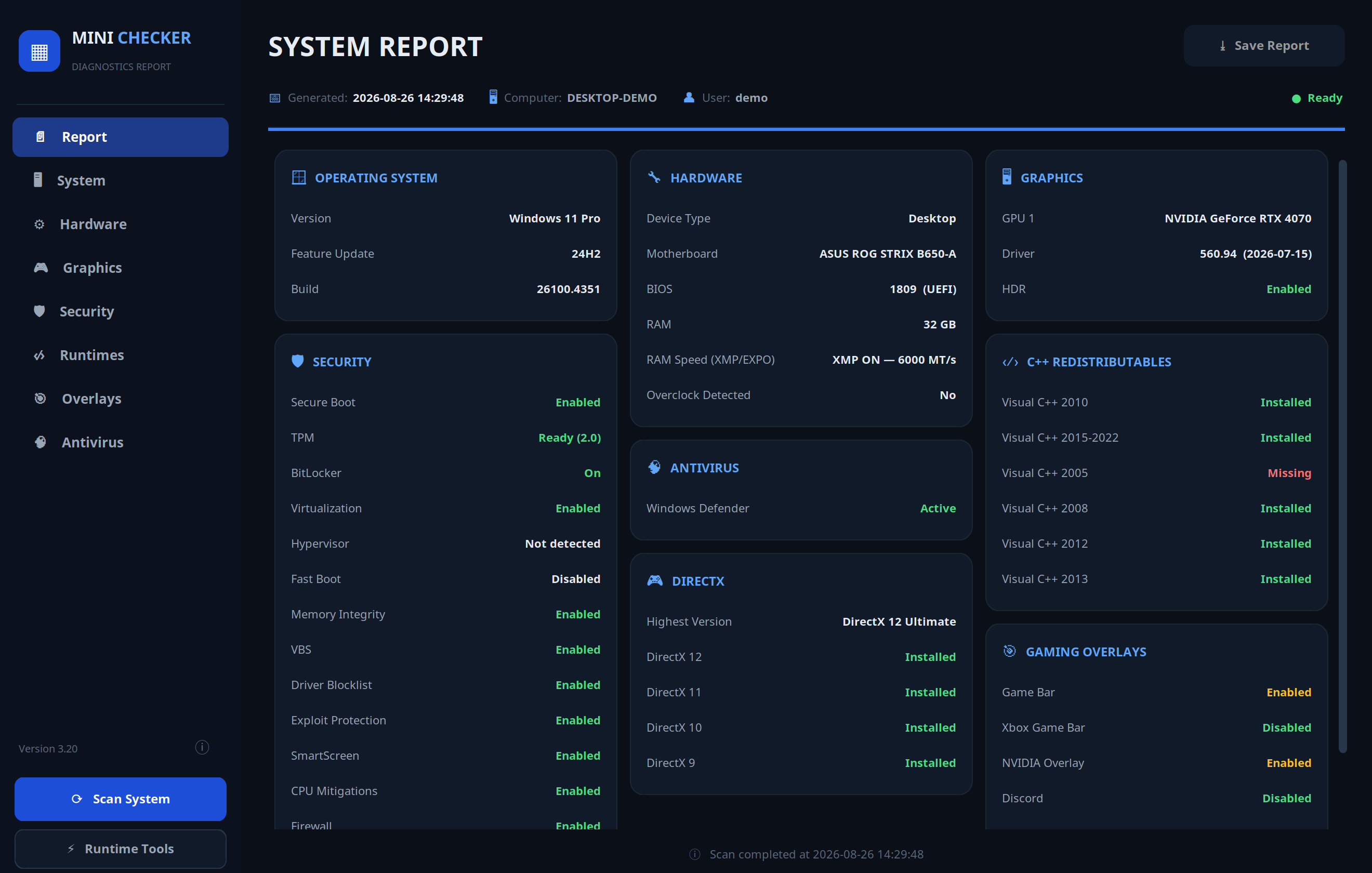 Mini Checker dashboard showing a full Windows system report with hardware, security and runtime cards