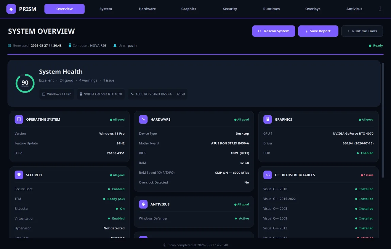 Prism dashboard — a full Windows system report with a System Health score, hardware, security and runtime cards