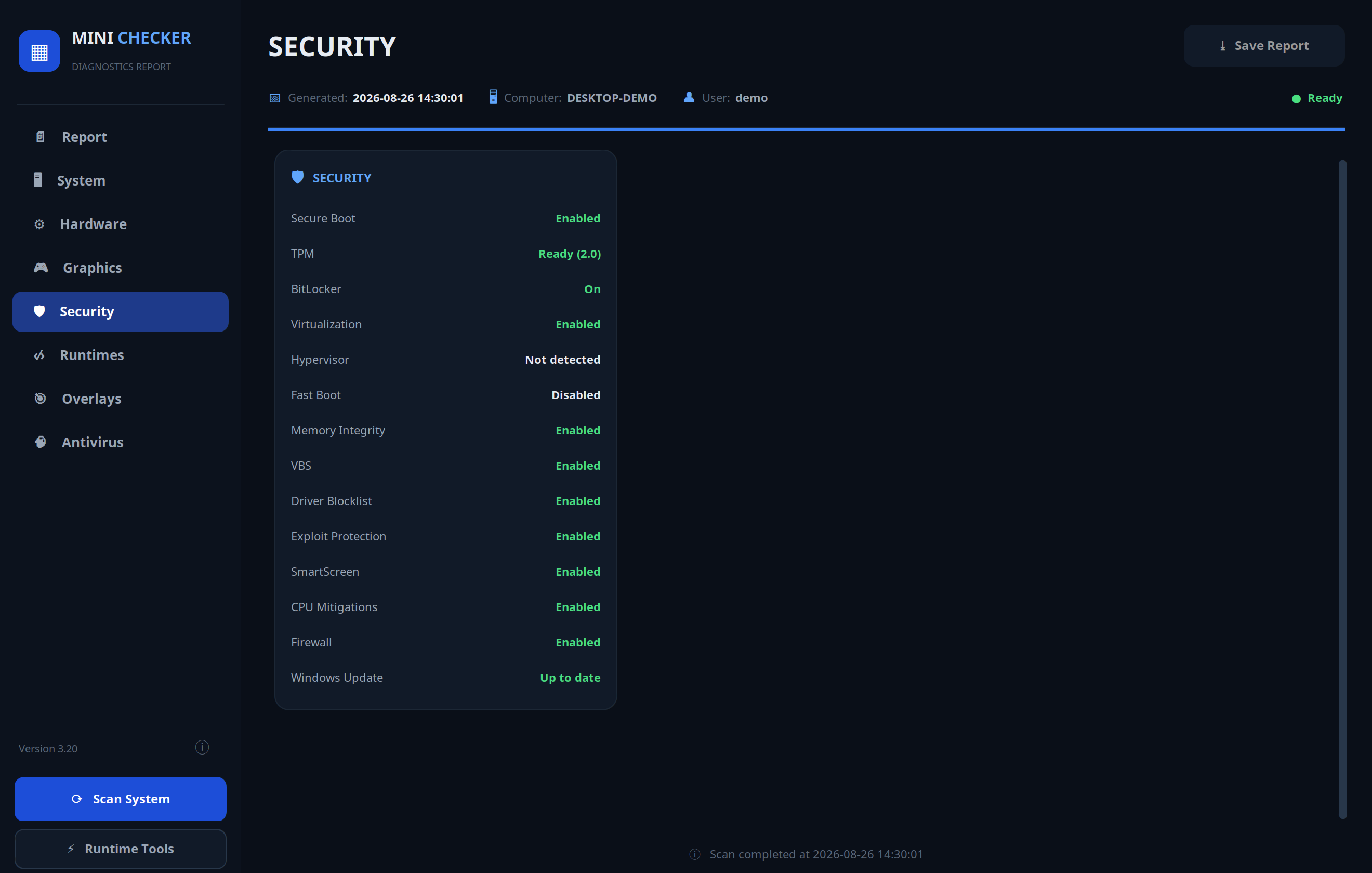 Mini Checker security view listing 14 security checks with pass states
