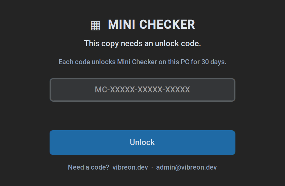 Mini Checker unlock window where the 30-day unlock code is entered