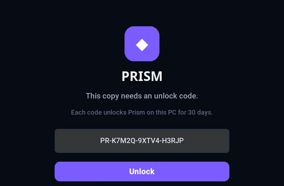Prism unlock window where the 30-day unlock code is entered