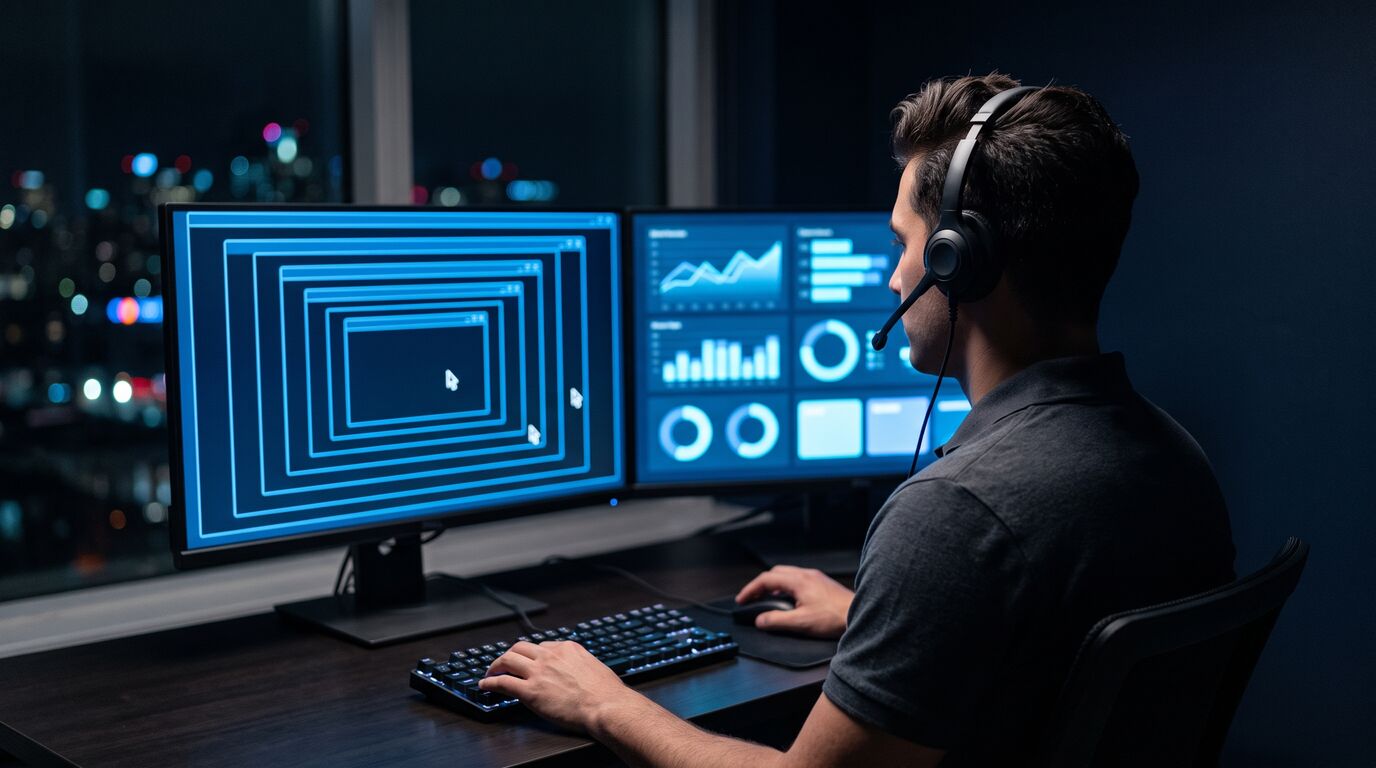 Technician running a remote PC support session on dual monitors